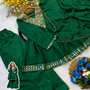 <b>Green</b> <b>Silk</b> Ethnic Shawl With Mirror Work And Rhinestone Embellishment Traditional Indian Pakistani Women's Wear - Product Image 2