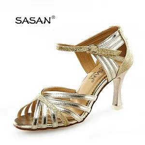 Zapatos de baile latino para mujer, calzado de Tango con tacón dorado brillante, de alta S-223