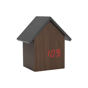 Réveil numérique en bois de conception de maison blanche pour cadeau et Promotion avec Logo personnalisé horloges de bureau en bois de toit de maison