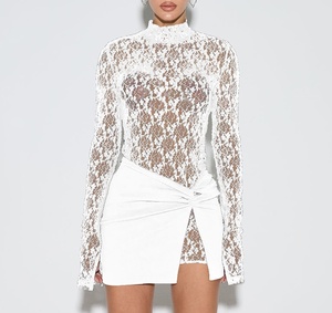 2025 nuovo arrivo abito tinta unita <span class=keywords><strong>pizzo</strong></span> trasparente a maniche lunghe Mini gonna due pezzi lavorato a <span class=keywords><strong>maglia</strong></span> completo da donna - Product Image 4