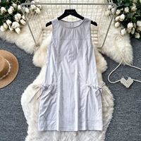 Robe courte d'été sans manches taille haute coupe trapèze pour femme, style doux, avec poches à cordon, robes décontractées