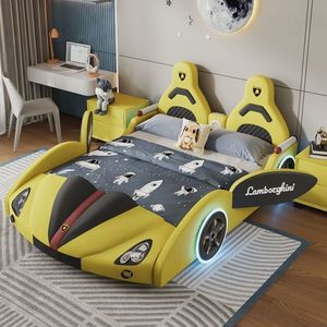 Lit enfant moderne en forme de voiture de course avec lumières LED, design cool de voiture de sport, cadre de lit rembourré pour garçons - Product Image 5