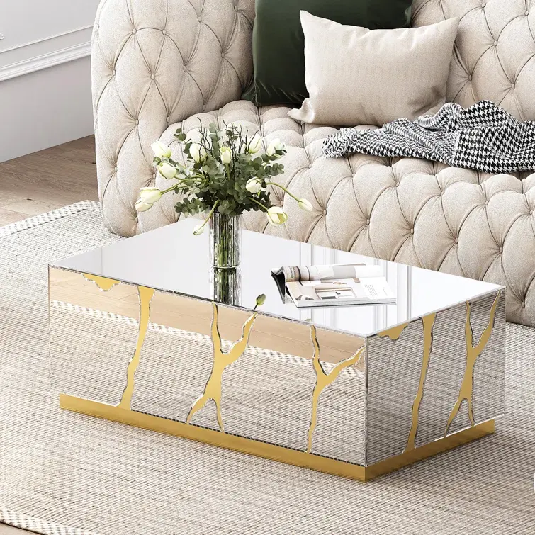 Sparkle Luxury Living Room Mirrors Coffee Table Rectangle Accent Table Gold Decor Center Table for Home Hotel