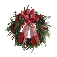 Nouveau produit créatif : Couronne de Noël en fleurs artificielles rouges à carreaux, avec fruits rouges et aiguilles de pin, pour accrocher à la porte