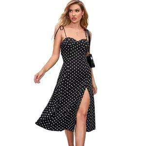 Mulheres Midi Vestido Vestidos Casuais Simples Fábrica Atacado Polka Dot Spaghetti Strap Mangas Sexy Verão Divisão Coxa Poliéster