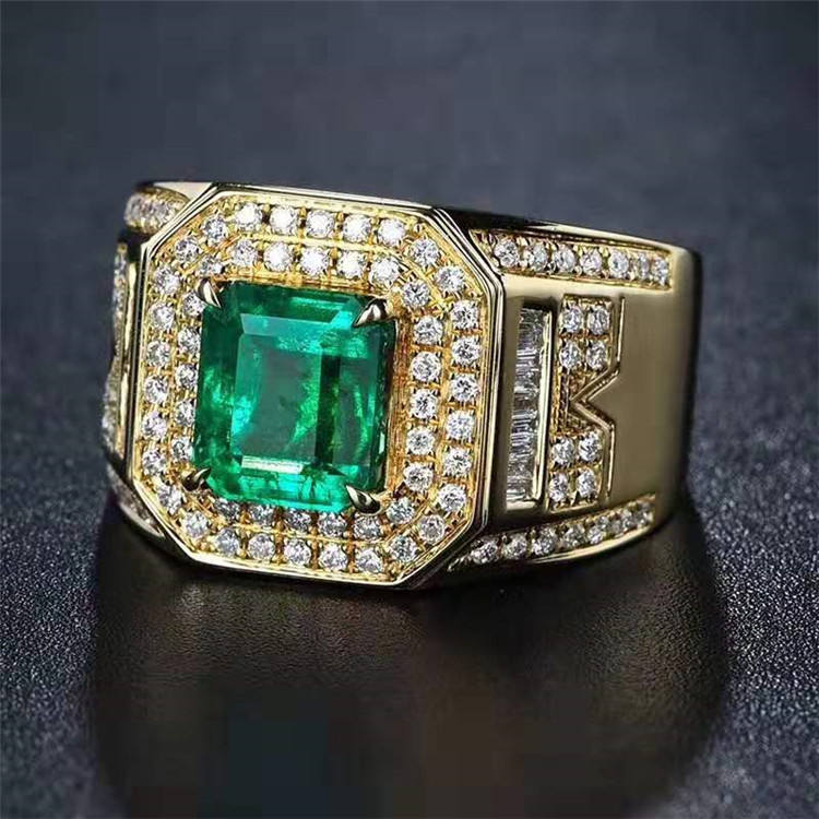 SGARIT Wholesale Luxury Gemstone Wedding Jewelry Natural Vivid Green  Emerald Ring 18k Gold Men Fine Jewelry Rings