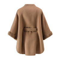 Poncho double face 100 % poil de chameau pour femme avec ceinture en fourrure de vison véritable et manches chauve-souris