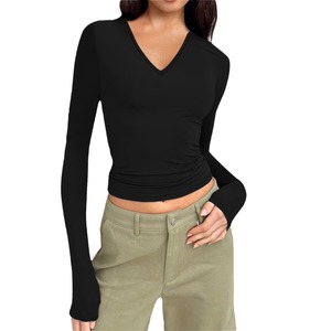 T-shirt court respirant pour femme, col en V, manches longues, coupe ajustée, en Spandex, couleur unie, décontracté, avec logo brodé, pour l'automne, l'hiver et l'été - Product Image 5