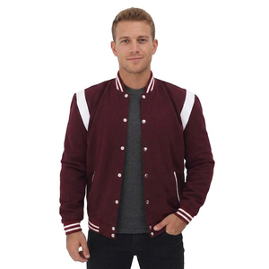 Men's Maroon Varsity Jacket White Stripes Regular Fit Mandarin Collar <b>Covered</b> <b>Button</b> Closure High Street Style Winter Wear - Product Image 3
