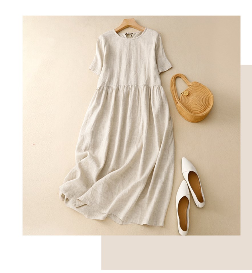 midi length a line dress Women's Ladies A-line Short Sleeved Linen Cotton Midi Dress S/M/L/Customize Pink MEAN BLVD Pink / Customize