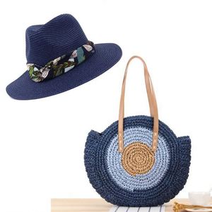 Conjunto de Sombrero Fedora de Paja Redondo con Lazo y Bolso de Paja, Sombreros de Paja Panamá Naturales para el Verano 2021, Sombrero de Playa para Mujer, Modelo KT-2850 - Product Image 1