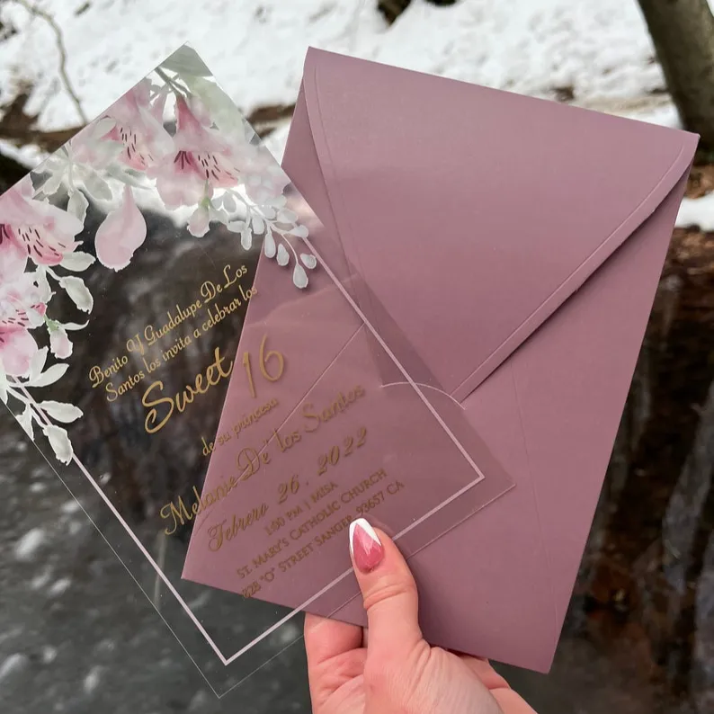 豪華でエレガントなピンクの花柄アクリル招待状デボダブライダルシャワー婚約結婚式の封筒カルテドマリアージュ
