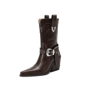 <span class=keywords><strong>Bottes</strong></span> de cow-boy occidentales pour femmes, bout pointu, talon bloc, boucle en métal, <span class=keywords><strong>mi</strong></span>-<span class=keywords><strong>mollet</strong></span>, couleur marron - Product Image 2