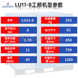เครื่องอัดอากาศแบบสกรูอุตสาหกรรม Liutech Lu11-8 ระบบหล่อลื่นด้วยน้ำมัน ระบายความร้อนด้วยอากาศ แบบอยู่กับที่ ความเร็วรอบ 1000 รอบต่อนาที - Product Image 5
