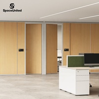 SpaceUnited Modular Office Partition Walls with Wood Grain Panels and Aluminum Frame, Floor to Ceiling Sliding Door for Office