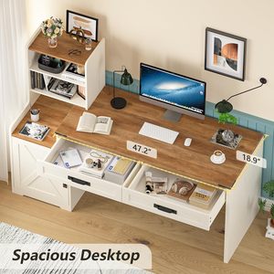 Bureau d'ordinateur en bois blanc SENYU avec étagère, 2 tiroirs de rangement, bureau spacieux, table de bureau à domicile - Product Image 3