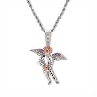 Collar con Colgante de Ángel RQ, Estilo Hip Hop, Diamantes de Imitación, Chapado en Oro Blanco y Plata Vintage, Colgante de Ángel Guardián
