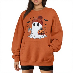 Sudadera de felpa holgada naranja con estampado de Halloween, hombros caídos y bolsillos, para mujer, estilo oversize, con diseño de fantasma lindo. Venta al por mayor. - Product Image 4