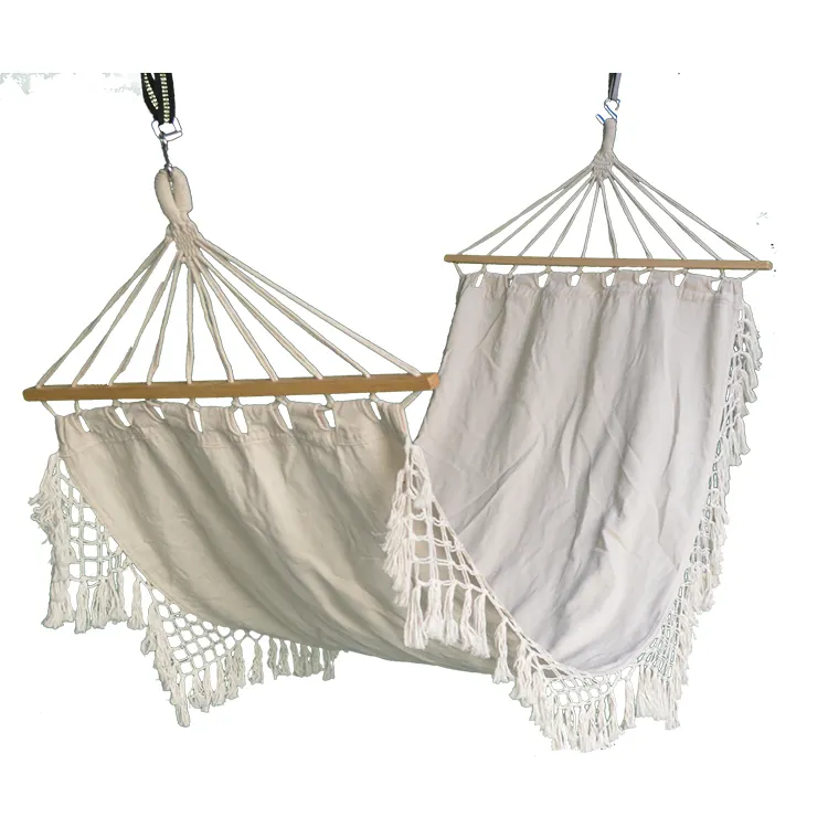 Longsen Factory Outdoor tassels camping cotton white fringe hanging bed hammock with spreader bar