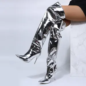Fashion Mirror Platform Pointy Toe Punk High Thin Heels Over The Knee Long Boots Sliver Black Sexy Club Party Women Boots