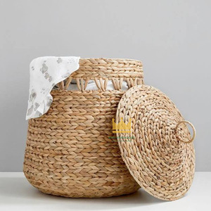 Panier de rangement en jacinthe d'eau avec couvercle, style bohème, rond, en fibre végétale tressée, pour l'organisation de la chambre d'enfant - Product Image 2