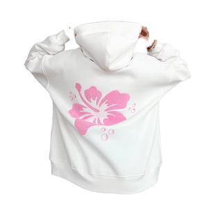 Custom Oversized <b>White</b> <b>Hoodie</b> <b>Women</b> Heavyweight Fleece Pullover with Pink Terry Chenille Flower Embroidery Back Design - Product Image 1