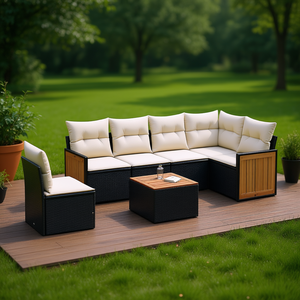 Ensemble de canapés de jardin noir et crème avec structure en rotin, coussins en mousse haute densité, mobilier d'extérieur au design contemporain - Product Image 2