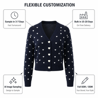 Cardigan en tricot de nylon et coton bleu marine pour femme, motif jacquard cœurs sur toute la surface, col en V, boutons en forme de cœur, personnalisable OEM, vente en gros, OEM, ODM