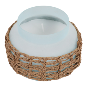 Candela in barattolo di vetro con coperchio in legno e rivestimento in tessuto decorativo per uso domestico interno - Product Image 4