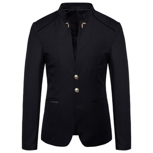 Col montant Blazer <span class=keywords><strong>manteau</strong></span> hommes robe de soirée de mariage veste mode Slim Fit simple boutonnage Jaqueta bleu marine vin rouge - Product Image 3