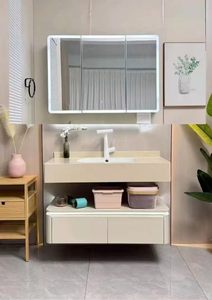 Black Matte Hanging <b>Bathroom</b> <b>Vanity</b> with LED Monochrome Light Strip Hanging Washbasin Double Drawer Design - Product Image 6