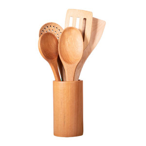Superlative Quality Durable Beech Wooden Kitchen Serving 5 Pieces Set <b>Utensils</b> With Holder - Product Image 1