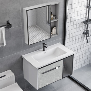 Ensemble de meuble-lavabo de salle de bain moderne de style nordique, armoire en aluminium étanche murale avec lavabo en céramique intégré, pour balcon - Product Image 5