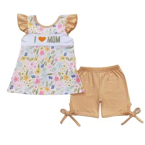 Wholesale Baby Girl Summer Two Pieces Set Kids Children Short Sleeves Embroidery I Love Mom Floral Outfit Toddler Shorts Clothes