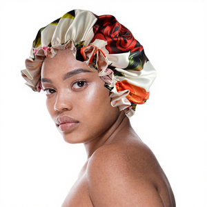 หมวกคลุมผมไหมซาตินลายดอกไม้สองชั้นแบบปรับได้ ขายส่ง คุณภาพหรูหรา ขอบระบายสีพื้น สำหรับนอนหลับและเดินทาง - Product Image 4