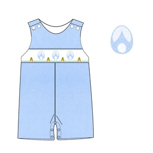Lindo algodón azul Shortall para niños recién nacidos estilo Vintage en forma de huevo conejito DISEÑO DE Pascua patrón sólido conjunto de ropa ahumada - Product Image 1
