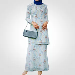 SIPO 이드 보롱 말레이시아 이슬람 여성 쉬폰 푹신한 어깨 스퀘어 넥 인쇄 꽃 세트 현대 바주 쿠룽
