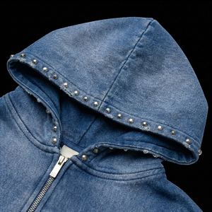 Custom Embroidery Patch Rhinestone Zip Up Hoodies And Sweatpants Vintage Cotton Sun Faded <strong>Tracksuit</strong> Graphic Acid Wash Hoodie - Product Image 4