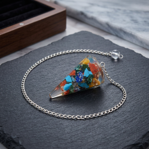 Handmade Triangle Resin Through-Carved Chakra Pendant Multicolor <b>Stone</b> Inlay Silver Chain Necklace Art Collectible Irregular - Product Image 1