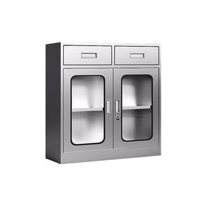 Armoire en acier inoxydable avec portes en <span class=keywords><strong>verre</strong></span> et deux tiroirs Casier de rangement en métal verrouillable pour bureau, école et maison - Product Image 1