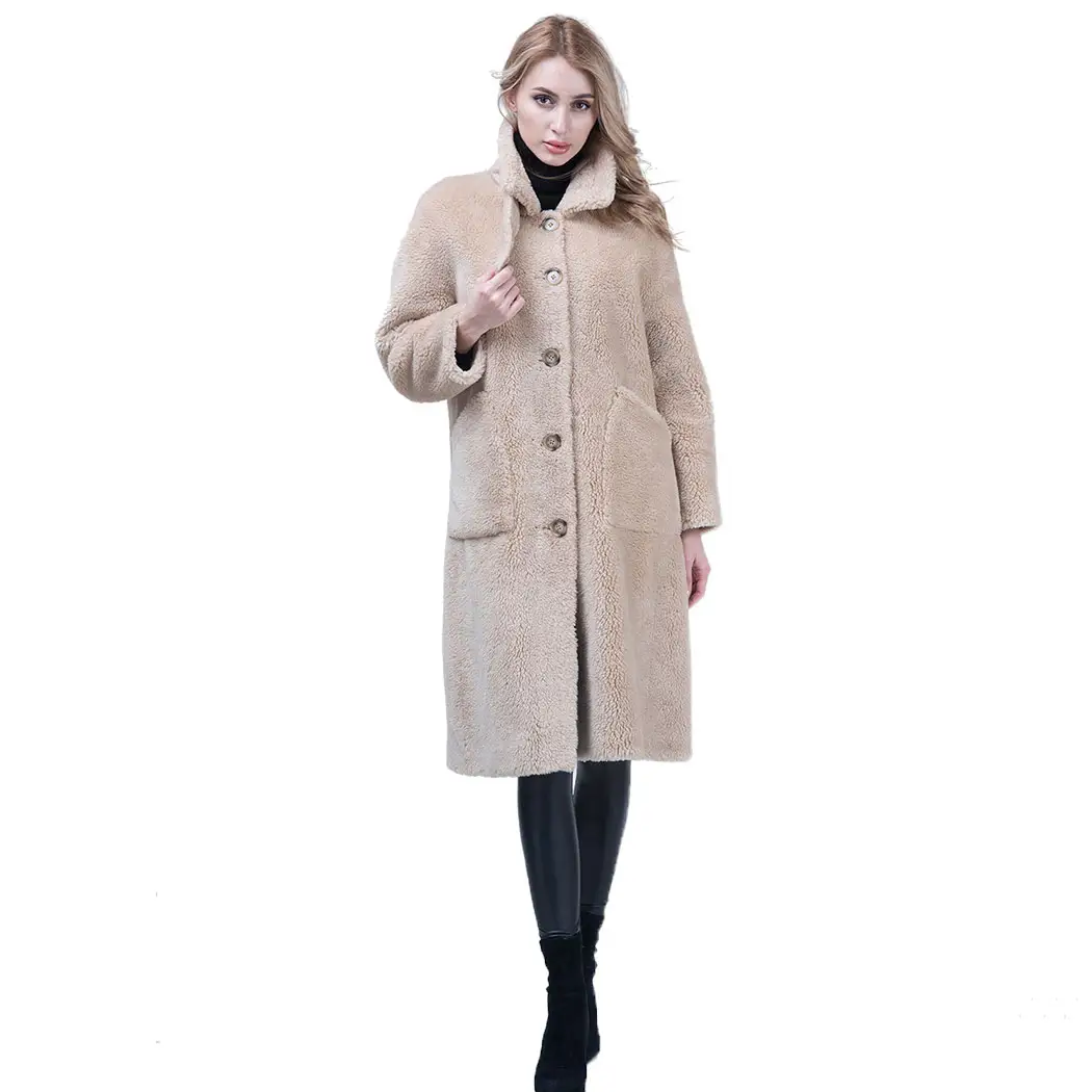 Kalın ceket bayan moda uzun anna tarzı kış kadın yün shearling deri ceket