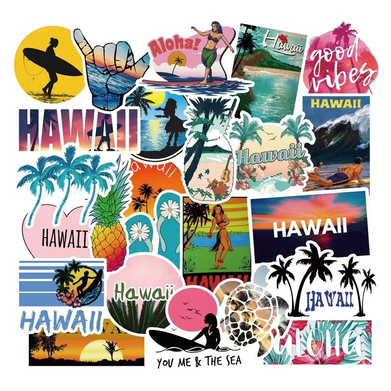 50 Buah/Tas Stiker Grafiti Hawaii Stiker Perjalanan Luar Ruangan untuk Bagasi Mobil Kotak Es PVCwaterproof Stiker Buku Tangan Akun