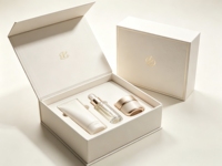Boîte rigide texturée blanc cassé personnalisée avec bordure dorée, logo en relief, insert en mousse personnalisé, boîte cadeau pour produits de soin de la peau