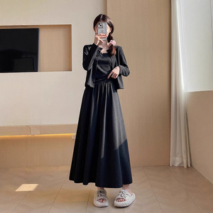 Top da donna stile coreano in tinta unita in due pezzi stile autunno Casual maglia traspirante e <span class=keywords><strong>gonna</strong></span> lunga - Product Image 2