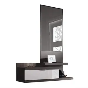 Bedroom Wood Small <strong>Wall</strong> <strong>Mounted</strong> Dressing <strong>Table</strong> With Mirror and Stool - Product Image 1