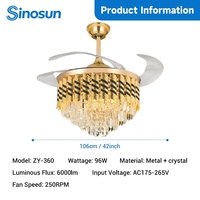Ventilateur de plafond LED invisible avec télécommande, design cristal moderne, 42 pouces, compatible variateur d'intensité, pour chambre et salle à manger, OEM/ODM professionnel