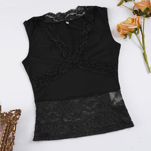 Soft Knitted Ribbed Eco-Friendly Breathable Casual <b>Tank</b> <b>Top</b> with V Neck and Lace Trim Slim Fit Stretchy Spandex/Polyester - Product Image 6