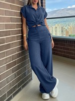 Ensemble deux pièces en lin texturé pour femmes, chemise à manches courtes avec col noué, pantalon cargo à taille haute et jambes larges, tenue décontractée