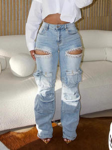 أزياء تصميم جديد ملابس العمل نمط حجر الراين جوفاء منمق السراويل متعددة الجيوب تمتد البضائع الجينز للنساء الترتر الجينز - Product Image 3