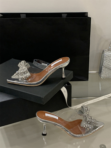 2025 Women's Transparent High Heels New Crystal Bow Stiletto Slides Anti-Slippery Ankle Strap <b>Sandals</b> for Summer - Product Image 4